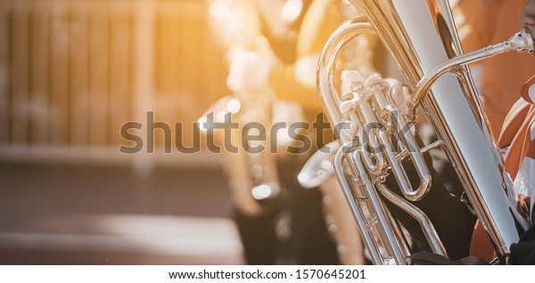Young student Musician playing the\
Euphonium with Music practice of Band, Musical\
concept