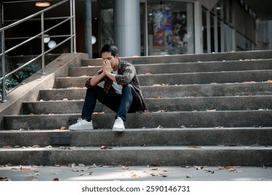 Young student sitting on university stairs covering his face with his hands, suffering from stress, anxiety, and depression due to academic pressure and bullying