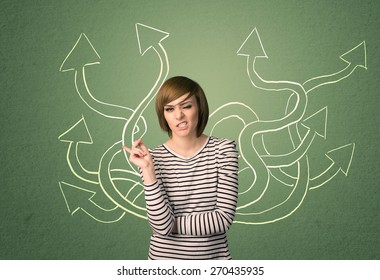 Young Student With Thoughtful Expression With Tangled Arrows Coming Out Of Her Back