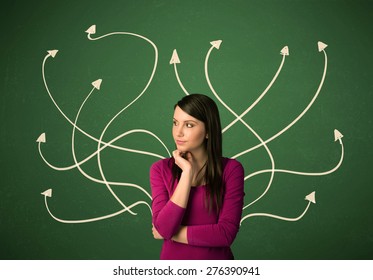 Young Student With Thoughtful Expression With Tangled Arrows Coming Out Of Her Back