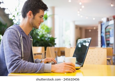 Young Student Using His Laptop In Cafe At The University