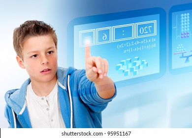 Young student with virtual futuristic interface simulating digital blackboard.