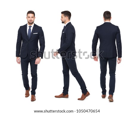 Young stylish businessman front rear side view, isolated on white