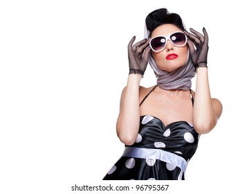 young stylish caucasian woman posing, isolated over white, retro styling, space for copy