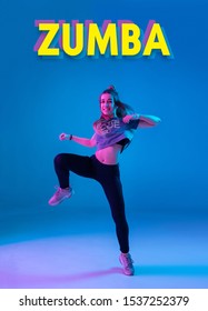 Young Stylish Girl Dancing Zumba In The Studio On A Colored Neon Background. Dance Poster Design.