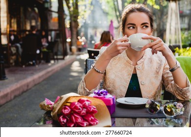 Young Stylish Woman, Fashion Sunglasses, Sitting In Cafe, Holding Drinking Cup Cappuccino, Enjoying, Tulips, Happy Birthday Party, City Street, Boho Outfit, Europe Vacation, Romantic Dinner, Sunny