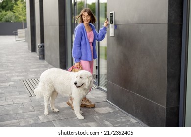 Junge stylische Frau, die Zugang zum Gebäude bekommt, indem sie Smartphone an Intercom anbringt und mit ihrem Hund steht. Konzept moderner Sicherheitstechnologien für den Zugang und das intelligente Zuhause