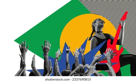 Young stylish woman making live concert, playing guitar. Human hands silhouettes. Contemporary art collage. Concept of music and festival, creativity, inspiration, party, event. Banner, flyer, ad - Powered by Shutterstock