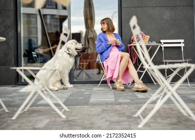 Young stylish woman sits with her cute adorable dog at cafe on a street. Leisure time with pet, spending time at modern housing estate outdoors