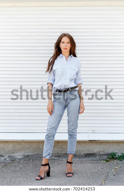 Young Stylish Woman Wearing Blue Shirt Stock Photo Edit Now