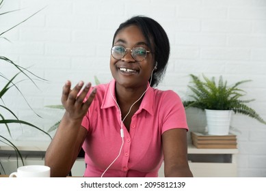 Young Successful African American Woman Human Rights Activist And Youth Counselor Explaining On Video Call Web Conference For News Media Her Struggle To Bring Teenagers On The Right Way In Their Life.