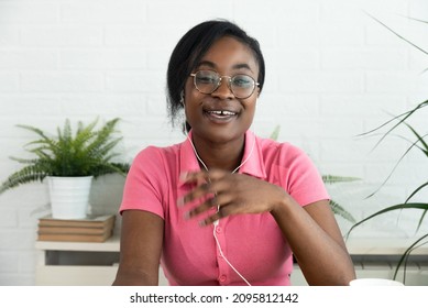 Young Successful African American Woman Human Rights Activist And Youth Counselor Explaining On Video Call Web Conference For News Media Her Struggle To Bring Teenagers On The Right Way In Their Life.