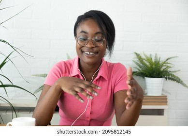 Young Successful African American Woman Human Rights Activist And Youth Counselor Explaining On Video Call Web Conference For News Media Her Struggle To Bring Teenagers On The Right Way In Their Life.