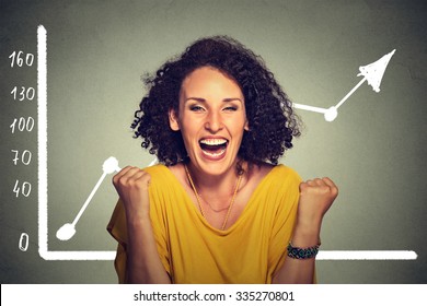 Young successful business woman pumping fists happy with wealth growth celebrates screaming isolated on gray wall background with growing graph. Financial freedom target success concept