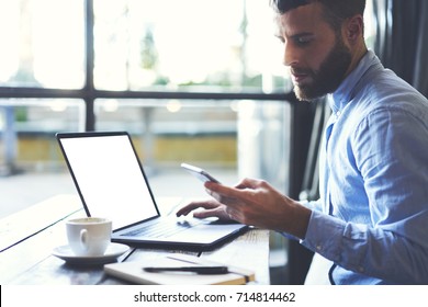 Young Successful Businessman Reading Received Sms Message From Colleague While Working At Modern Laptop Computer With Copy Space Area For Advertising Text Message