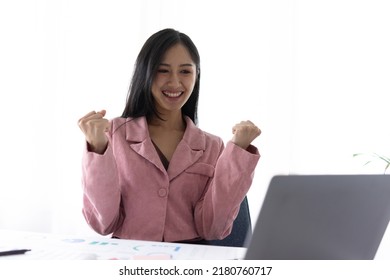 Young Successful Happy Employee Business Woman In Casual Shirt Sit Work At Office Desk.