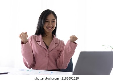 Young Successful Happy Employee Business Woman In Casual Shirt Sit Work At Office Desk.