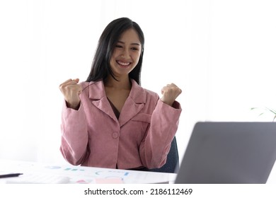 Young Successful Happy Employee Business Woman In Casual Shirt Sit Work At Office Desk.