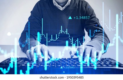 Young Successful Trader Is Pressing Buttons On The Keyboard And Surfing The Information About Financial Situation On The Stock Market In Order To Predict Its Behavior. Forex Charts And Graphs.