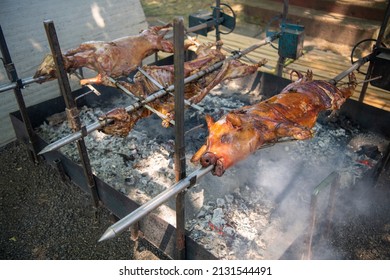 A young suckling lamb (sheep) and pig on skewer. Whole roasted pig and lamb on a rotating steel spit with fire and smoke. Traditional grill of Serbia, in Balkans, countryside.