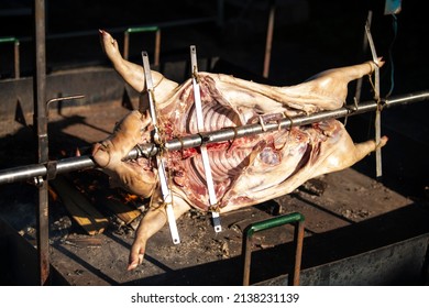 A young suckling pig on a skewer. Whole roasted pig on a rotating steel spit with fire and smoke. Traditional grill of Serbia, in Balkans, countryside.
