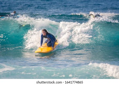Young surfer learns to catch waves. First steps in surfing sport. newcomer surfer catches a wave kneeling on a board with ecstatic expression