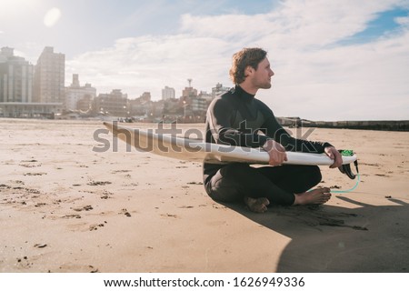 Similar – Image, Stock Photo Sandy beach with surfer