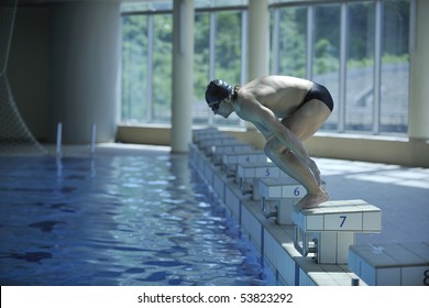 Young Swimmer On Swim Start At Swimming Pool Ready For Jump Race And Win