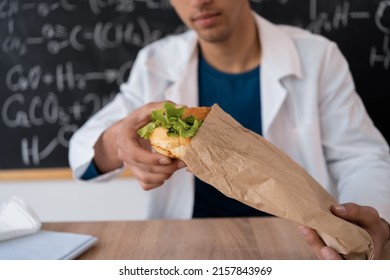 Young Teacher Having Hamburger Lunch At Workplace, College Snack At Recess, Fast Food Delivery, School Nutrition Concept