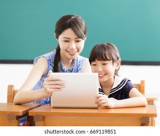 Young Teacher Helping Child With Computer Lesson