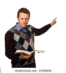 Young Teacher Portrait With Book Isolated On White Background