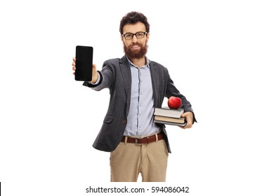Young teacher showing a phone isolated on white background