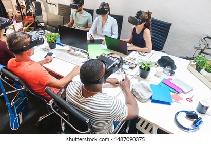 Young teamwork using virtual reality glasses in creative office - Co-workers trying new technology devices at work - Business, marketing and tech trends concept - Focus on right women