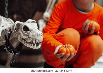 Young teen boy and painted face spider while all hallows eve photo session indoor  Stylish child in orange clothes celebrates halloween holiday near human skeleton and skull