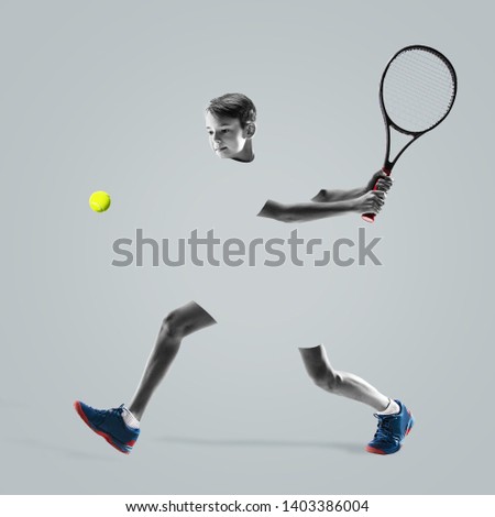Young teen boy tennis player in sportswear in motion or movement isolated on studio background. Teenager with racket. Sport, action, healthy lifestyle, advertising concept. Abstract design.