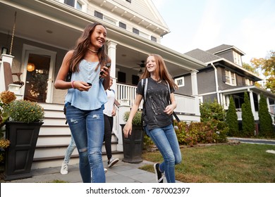 Young Teen Girlfriends Leaving A House For School