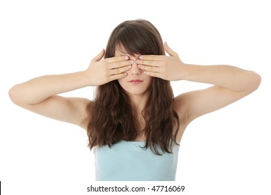 Young Teen Woman Covering Her Eyes Isolated On White Background