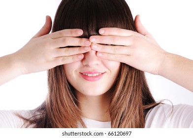 Young Teen Woman Covering Her Eyes Isolated On White Background