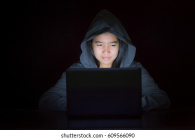 Young Teen Woman Wearing Hood On Looking Dark And Hacking Laptop Computer System On Black Background And Internet Criminal Concept