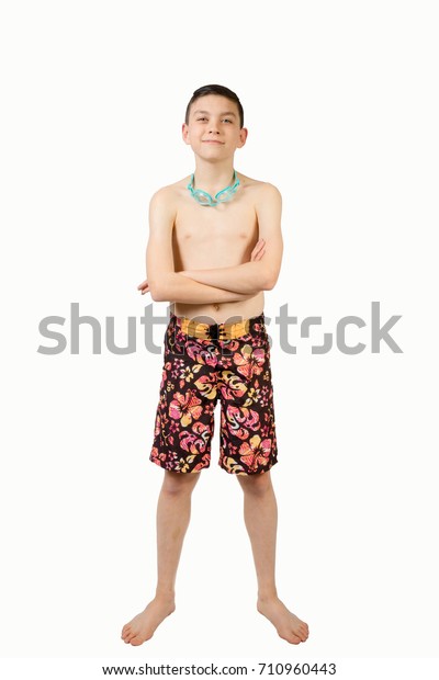 Young Teenage Caucasian Boy Wearing Swimwear Stock Photo 710960443 ...