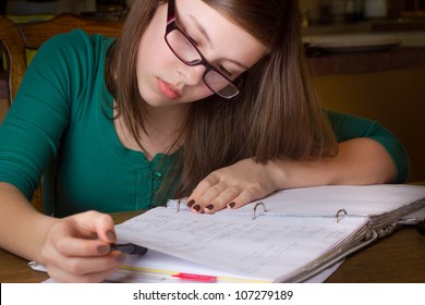 Young teenage girl with glasses doing homework