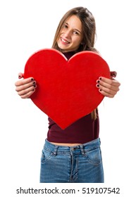 Young Teenager Girl Holding A Big Heart