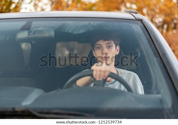 young teenager\
learns how to drive the car\
