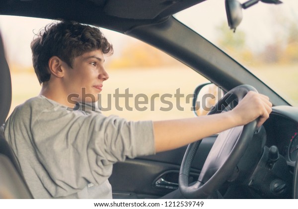 young teenager\
learns how to drive the car\
