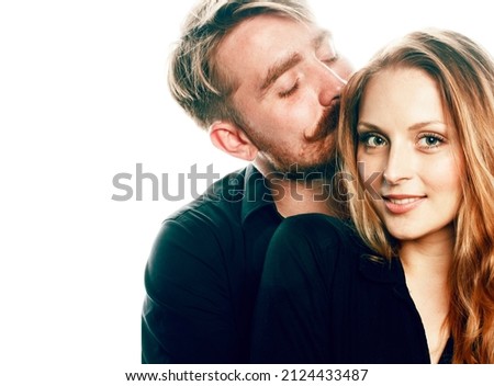 young tender couple, man and woman in love isolated on white, fooling around real modern hipster marriage, lifestyle people concept