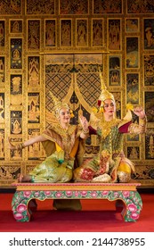 A young Thai girl and man dressed in a beautiful pantomime dressed in the character of Phra, Nang dancing in a Thai pantomime performance; Khon is traditional dance drama art of Thai classical masked