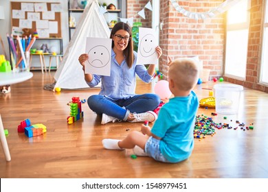 Young Therapist Woman Speaking With Child, Counselor And Behaviour Correction At The Office Showing Happy And Sad Face