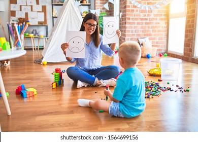 Young Therapist Woman Speaking With Child, Counselor And Behaviour Correction At The Office Showing Happy And Sad Face