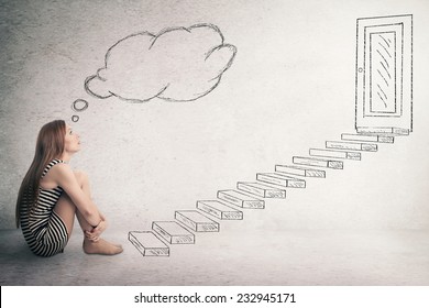 Young thoughtful woman sitting in front of a ladder stairways leading to closed corporate office door thinking. Promotion concept in life career. Face expression perception vision challenge, attitude