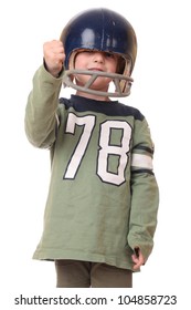 Young Toddler With Football Helmet On White Background